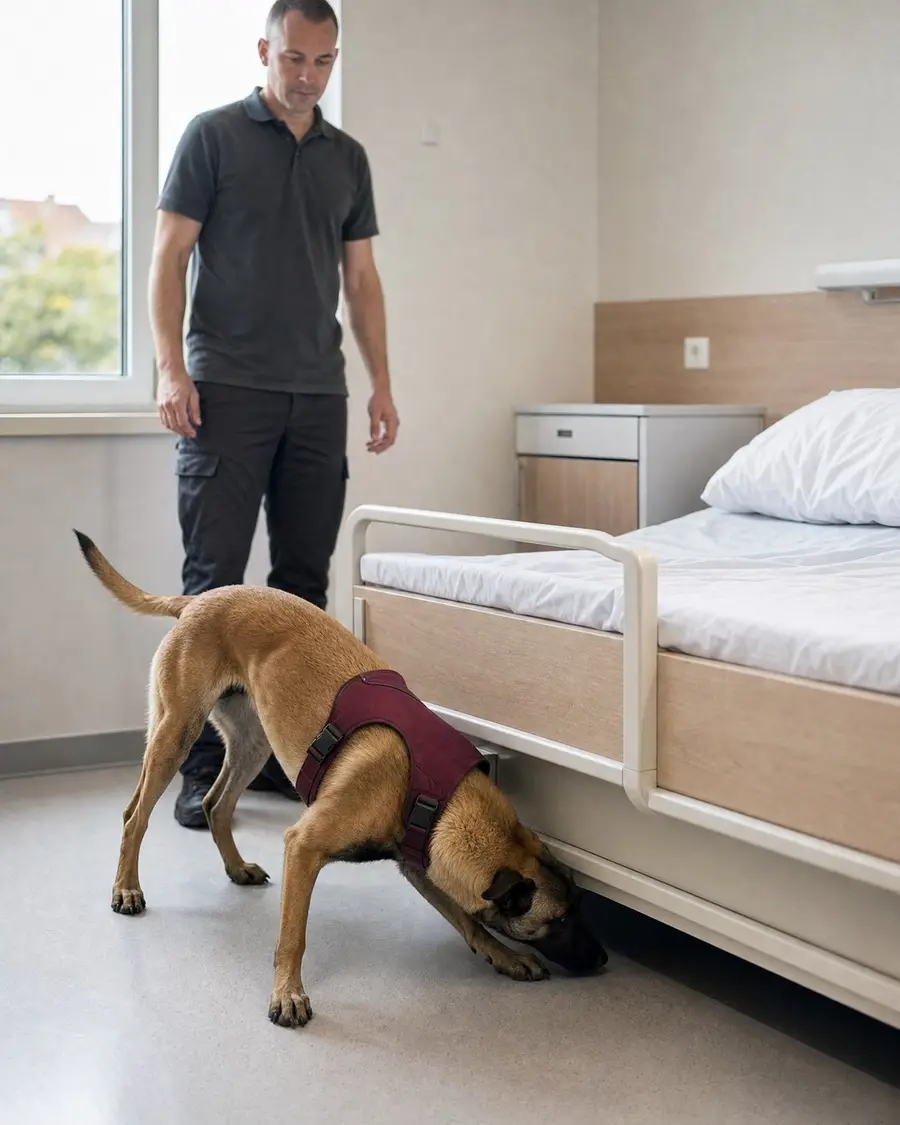 Chien détecteur inspectant le bas d'un lit médicalisé dans une chambre de soins