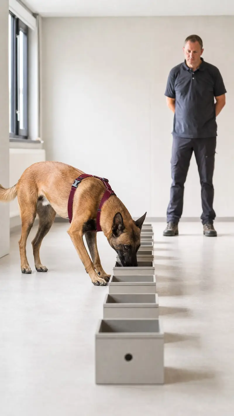 Chien détecteur s'exerçant sur une rangée de boîtes de recherche sous l'œil de son conducteur