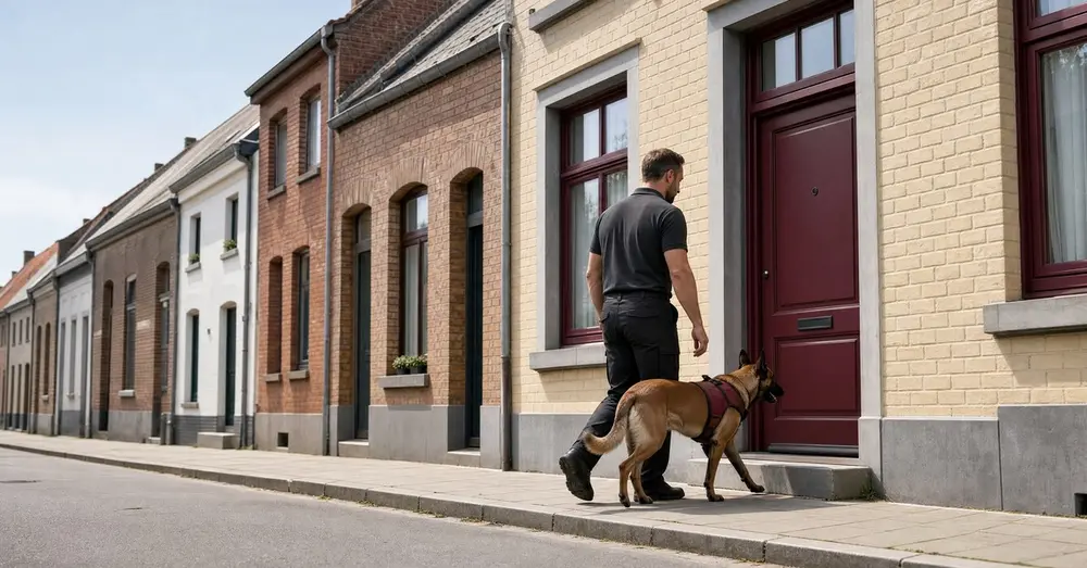 Conducteur et chien détecteur devant une maison mitoyenne en briques