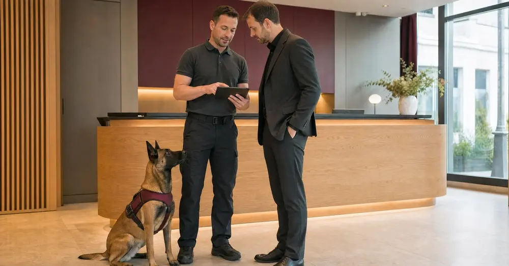 Conducteur et chien détecteur à la réception d'un hôtel avec un membre du personnel