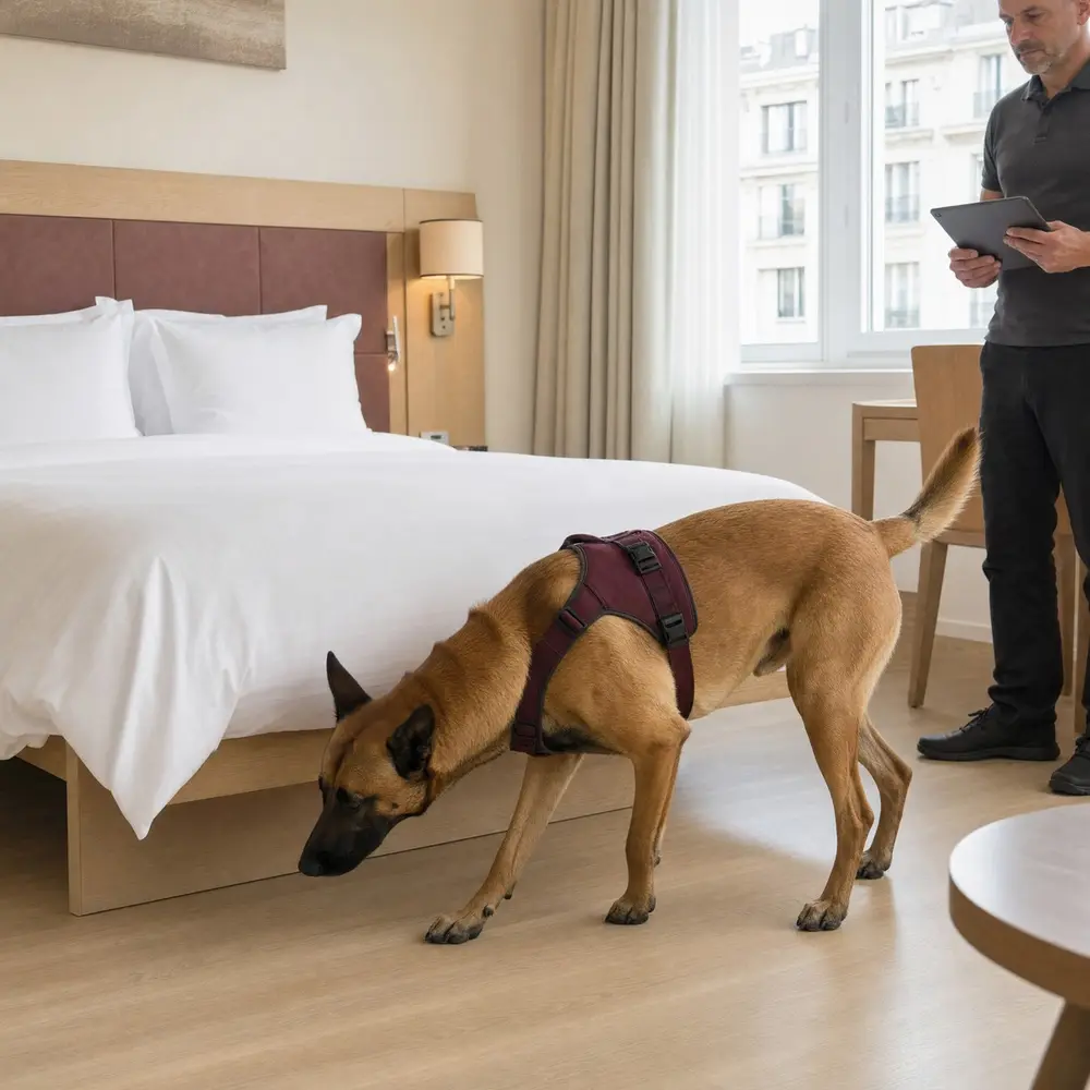 Chien détecteur reniflant le bas d'un lit pendant que le conducteur prend des notes